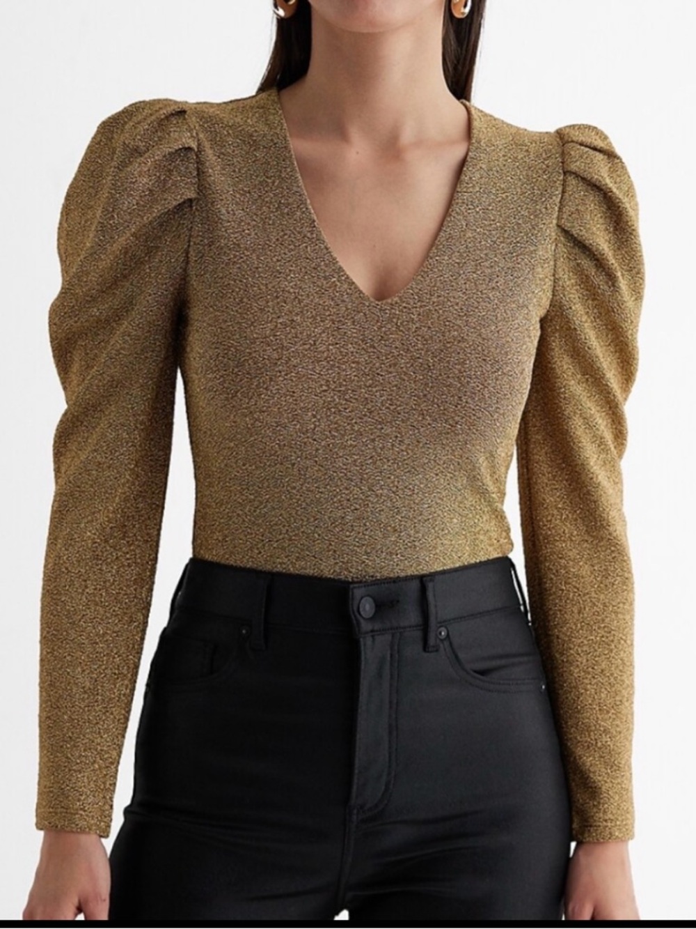 Express Gold Lurex V-Neck Bodysuit Top